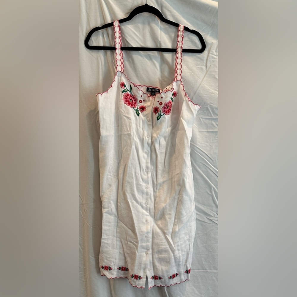 J. Crew White Dress with Red and Green Floral Embroidery